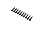 A set of ten black metal grub screws arranged in a diagonal line against a white background.