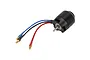 A black E-Flite brushless outrunner motor with three wires ending in gold-plated bullet connectors against a white background.
