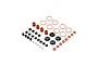 A collection of various rubber O-rings, shock bladders, and small plastic components for an RC shock rebuild kit, arranged on a white background.