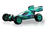 Kyosho Optima Mid 1/10 scale RC buggy in teal and black with racing decals on a white background.