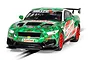 A 1/32 scale Scalextric Ford Mustang GT4 slot car featuring a green geometric pattern and Castrol branding on a white background.
