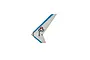A white Blade vertical tail fin for an RC helicopter with blue trim and a red and blue logo on a white background.