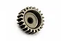 A studio shot of a metal 22-tooth pinion gear for RC cars, shown from an angled perspective against a white background.