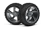 Two pre-glued RC buggy wheels with black rubber treaded tires and five-spoke grey plastic rims, isolated on a white background.