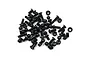 A collection of black metal RC hardware including ball studs, screws, nuts, and spacers scattered on a white background.