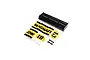 A black RC car wing with Magnaflow decal sheets and two small black plastic mounting clips on a white background.