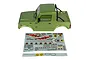 A green Element RC Bushido 1/10 scale crawler body shell with a black roll bar, shown with two accompanying decal sheets on a white background.