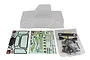 Element RC 1/10 scale clear Bushido body shell kit including decal sheets and black plastic molded detail parts in a plastic bag.