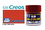 A 10ml glass jar of Mr. Color Brown Gloss paint with a red cap, alongside a color swatch and branding logos.
