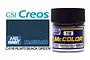 A bottle of Mr. Color RLM70 Black Green semi-gloss acrylic paint by GSI Creos, shown next to a color swatch and branding.