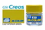 A bottle of Mr. Color Interior Green paint with a yellow cap, alongside a color swatch and GSI Creos branding.