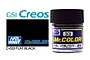 A 10ml glass jar of Mr. Color Flat Black paint (C33) by Mr. Hobby, shown next to its branding and color swatch.