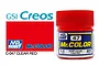 A 10ml bottle of Mr. Color Clear Red gloss acrylic paint with a red cap, alongside a product label graphic showing the brand and color name.