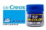 A bottle of Mr. Color Clear Blue Gloss acrylic paint, showing the blue cap and label with the product name and number 50.