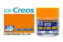 A 10ml jar of Mr. Color Orange Yellow semi-gloss acrylic paint with an orange cap, shown alongside a color swatch and GSI Creos branding.