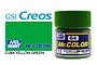 A 10ml jar of Mr. Color Yellow Green gloss acrylic paint by Mr. Hobby, shown next to a color swatch and brand logos.
