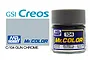 A bottle of Mr. Hobby Mr. Color Metallic Gun Chrome paint, SKU C104, shown next to its product branding and color name.