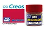 A 10ml jar of Mr. Color RLM23 Red semi-gloss acrylic paint with a red cap, shown next to a GSI Creos Mr. Color brand logo and color swatch.