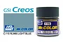 Mr. Color RLM65 Light Blue semi-gloss acrylic paint in a 10ml glass jar with a dark green cap, shown next to a color swatch and branding.