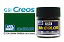 A bottle of Mr. Color C-124 Dark Green (Mitsubishi) semi-gloss model paint next to a color swatch and brand logos.