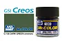 A 10ml jar of Mr. Color C-130 Dark Green (Kawasaki) semi-gloss acrylic paint by Mr. Hobby, shown next to a color swatch and brand logos.
