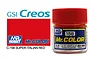 A 10ml glass jar of Mr. Color Super Italian Red gloss paint with a red cap, shown next to the GSI Creos and Mr. Color brand logos.