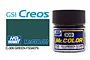 A 10ml jar of Mr. Color Green FS34079 semi-gloss acrylic paint by GSI Creos, shown next to a color swatch and branding.