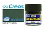 A 10ml jar of Mr. Color Dark Green semi-gloss acrylic paint, showing the blue label with white and yellow text, next to a color swatch.