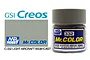 A 10ml glass jar of Mr. Color Light Aircraft Grey paint (C-332) with a grey cap, alongside a digital color swatch and GSI Creos branding.