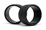 Two black HPI Racing drift tyres with Yokohama Advan Neova AD07 tread pattern isolated on a white background.
