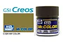 A 10ml jar of Mr. Hobby Mr. Color Hay paint, showing the dark olive-brown colour swatch and the product label with Japanese and English text.