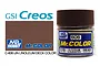A 10ml jar of Mr. Color C-606 IJN Linoleum Deck paint with a brown lid, alongside a color swatch and GSI Creos branding.