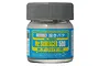 A small glass jar of Mr. Hobby Surfacer 500 grey primer with a grey screw-top lid and a blue label featuring yellow and white Japanese text.