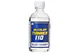 A 110ml bottle of Mr. Color Thinner by Mr. Hobby with a clear glass body and white screw cap, featuring a blue and yellow label.