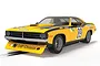 A 1/32 scale Scalextric slot car model of a yellow and black 1975 Chrysler Hemi Cuda, race number 89, featuring CdF Chimie branding on the front air dam.