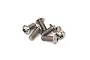 A small pile of five titanium UFO head screws with hex drive sockets on a white background.