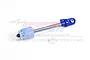 GPM Racing blue aluminium and steel shock absorber shaft for RC cars on a white background.