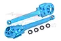 Two sky blue GPM Racing aluminium rear suspension arms with four small ball bearings, displayed against a white background.