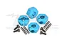Four sky blue aluminium 12mm clamp wheel hexes with matching screws and pins on a white background.