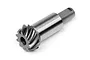 A metal 10-tooth spiral cut bevel gear pinion for an RC car drivetrain, shown on a white background.