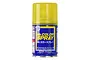 A can of Mr. Color Spray Gloss Clear Yellow paint by Mr. Hobby, featuring a blue label with yellow text and a yellow plastic cap.