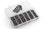A clear plastic storage box filled with various stainless steel RC screws, nuts, and washers, including several black hex keys.