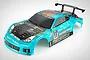 A turquoise 1/10 scale RC car body shell with black carbon fiber hood detail, racing decals, and a rear spoiler, isolated on a white background.