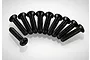 A set of ten black metal countersunk head screws arranged in a semi-circle on a white background.