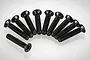 A set of ten black metal countersunk screws arranged in a semi-circle on a white background.