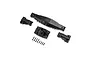Losi RC centre axle housing components including plastic casing parts and a set of small black screws on a white background.