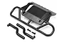 A black plastic RC car bumper set including a main bumper, two support bars, and two mounting screws on a white background.