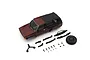 Kyosho Mini-Z Toyota 4Runner metallic red body shell set with included bumpers, spare wheel, and mounting hardware on a white background.