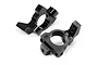 Two black anodized aluminium front hub carriers for an RC car, one marked with an R, isolated on a white background.