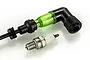 Rovan V2 Shining View ignition kit featuring a spark plug and a green translucent spark plug cap with a black rubber boot.